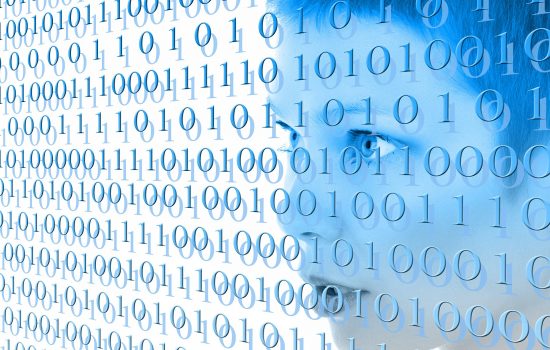 A business woman staring at binarycode contemplating bespoke vs custom software.