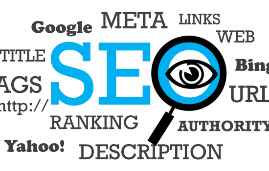 Magnifying glass magnifying the words that are the building blocks of Search Engine Optimization - SEO.